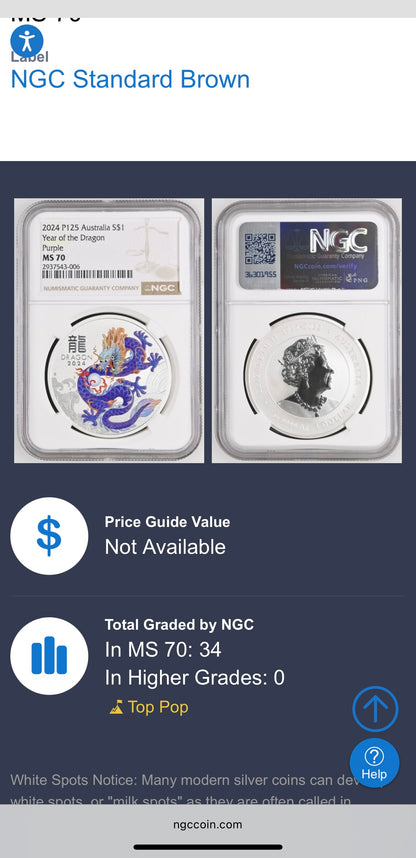 2024 P125 Silver $1 Australia Lunar Series III Year of the Dragon Purple Colorized NGC MS70 Brown Label New Holder (Rare 1 of 34)
