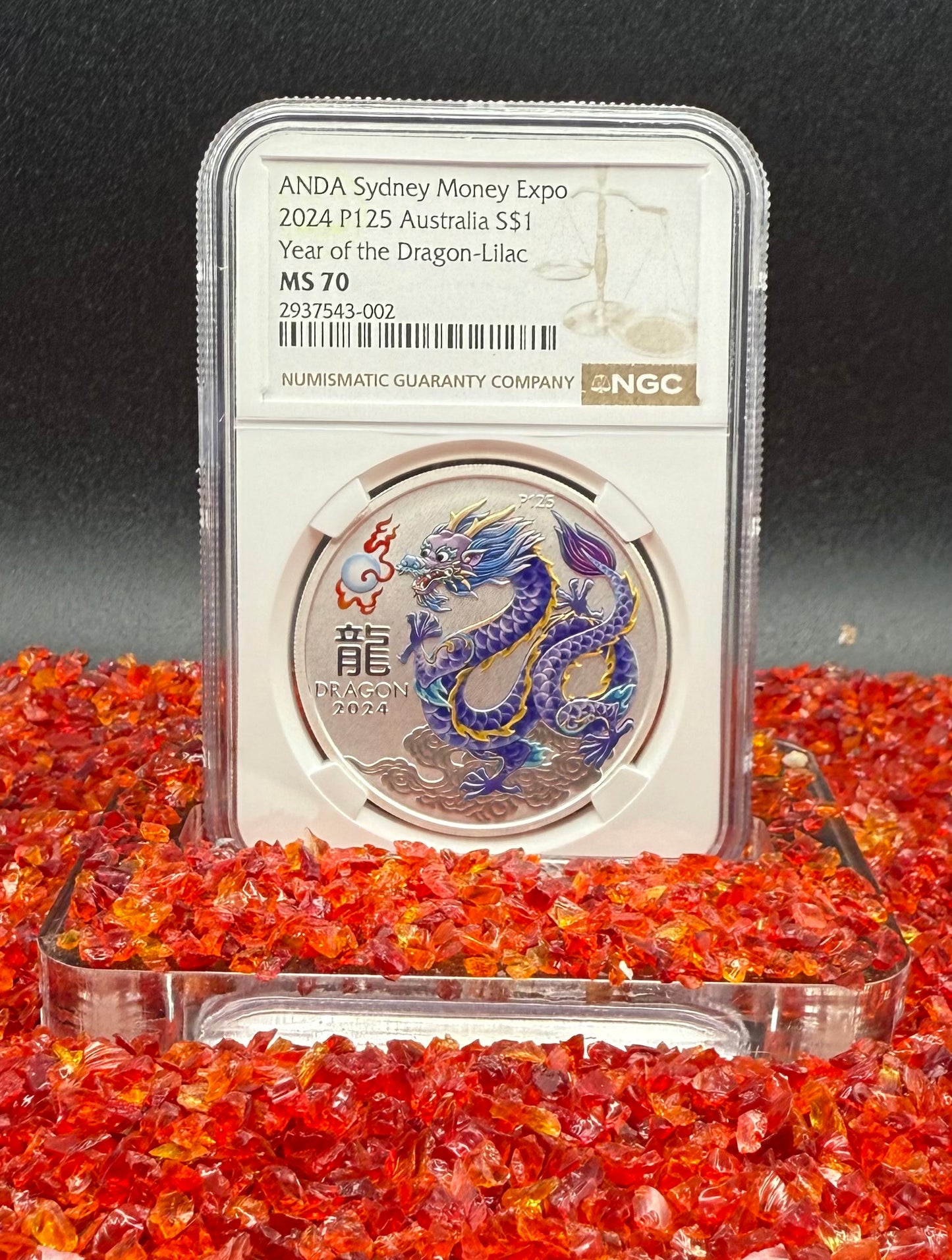 2024 P125 Silver $1 Australia Lunar Series III Year of the Dragon Lilac Colorized NGC MS70 ANDA Sydney Money Expo Brown Label New Holder (Rare 1 of 237)