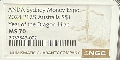 2024 P125 Silver $1 Australia Lunar Series III Year of the Dragon Lilac Colorized NGC MS70 ANDA Sydney Money Expo Brown Label New Holder (Rare 1 of 237)