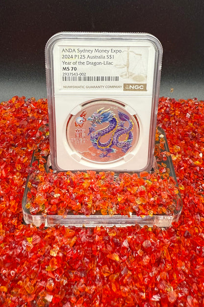 2024 P125 Silver $1 Australia Lunar Series III Year of the Dragon Lilac Colorized NGC MS70 ANDA Sydney Money Expo Brown Label New Holder (Rare 1 of 237)