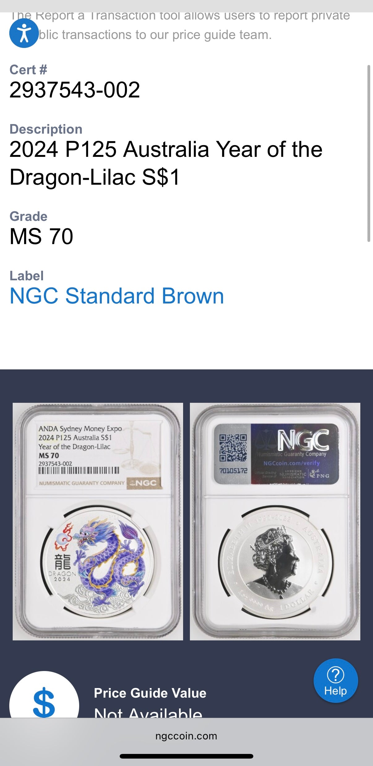 2024 P125 Silver $1 Australia Lunar Series III Year of the Dragon Lilac Colorized NGC MS70 ANDA Sydney Money Expo Brown Label New Holder (Rare 1 of 237)