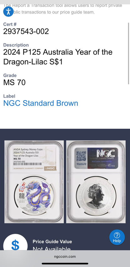 2024 P125 Silver $1 Australia Lunar Series III Year of the Dragon Lilac Colorized NGC MS70 ANDA Sydney Money Expo Brown Label New Holder (Rare 1 of 237)