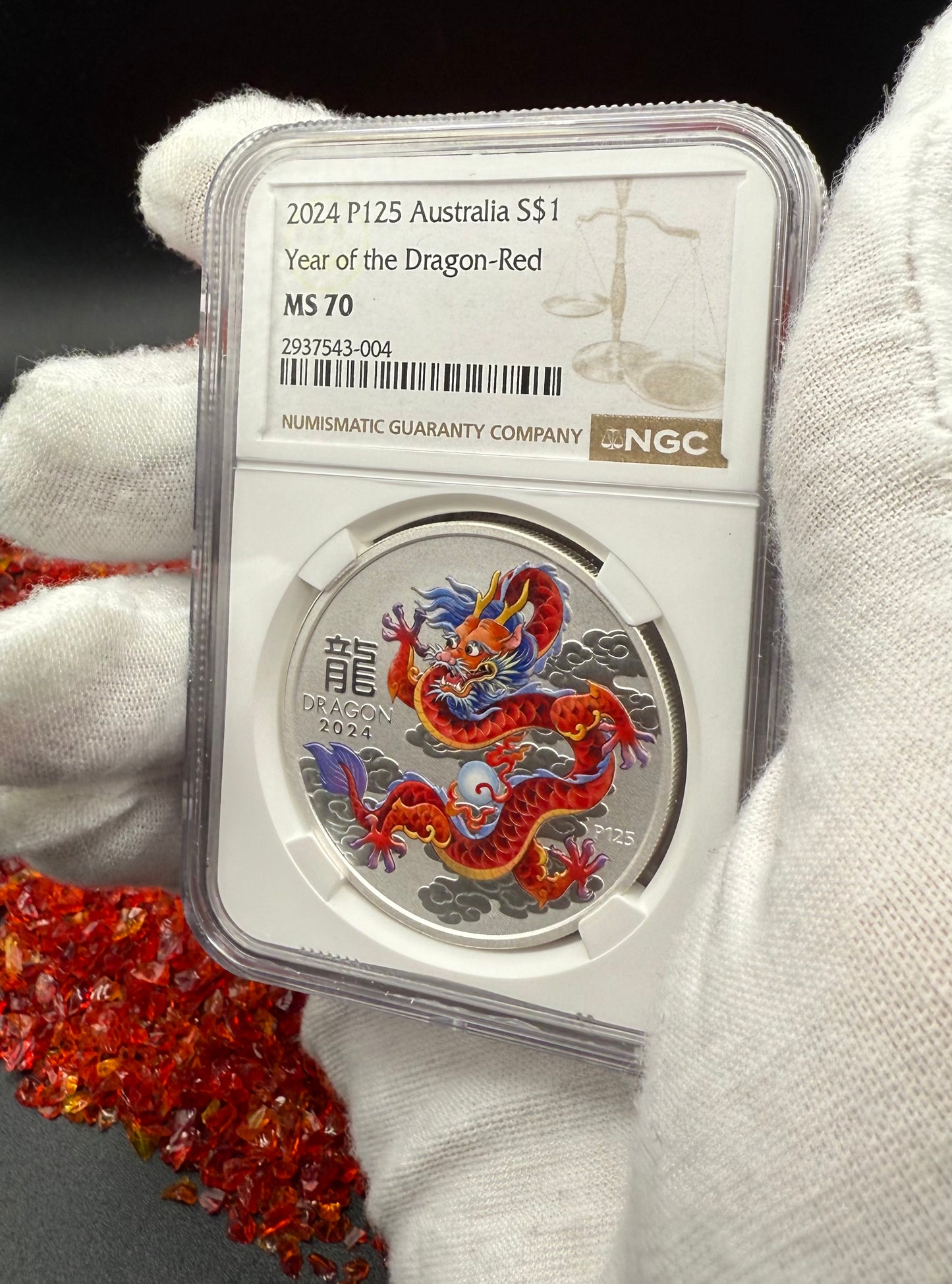 2024 P125 Silver $1 Australia Lunar Series III Year of the Dragon Red Colorized NGC MS70 Brown Label New Holder (Rare 1 of 90)
