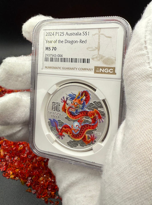 2024 P125 Silver $1 Australia Lunar Series III Year of the Dragon Red Colorized NGC MS70 Brown Label New Holder (Rare 1 of 90)