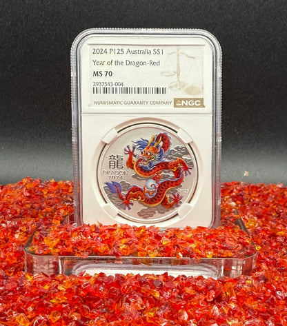 2024 P125 Silver $1 Australia Lunar Series III Year of the Dragon Red Colorized NGC MS70 Brown Label New Holder (Rare 1 of 90)
