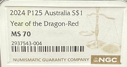2024 P125 Silver $1 Australia Lunar Series III Year of the Dragon Red Colorized NGC MS70 Brown Label New Holder (Rare 1 of 90)