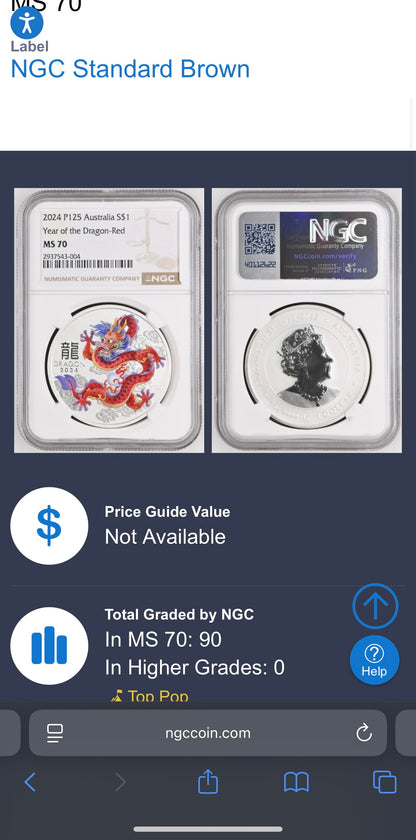 2024 P125 Silver $1 Australia Lunar Series III Year of the Dragon Red Colorized NGC MS70 Brown Label New Holder (Rare 1 of 90)