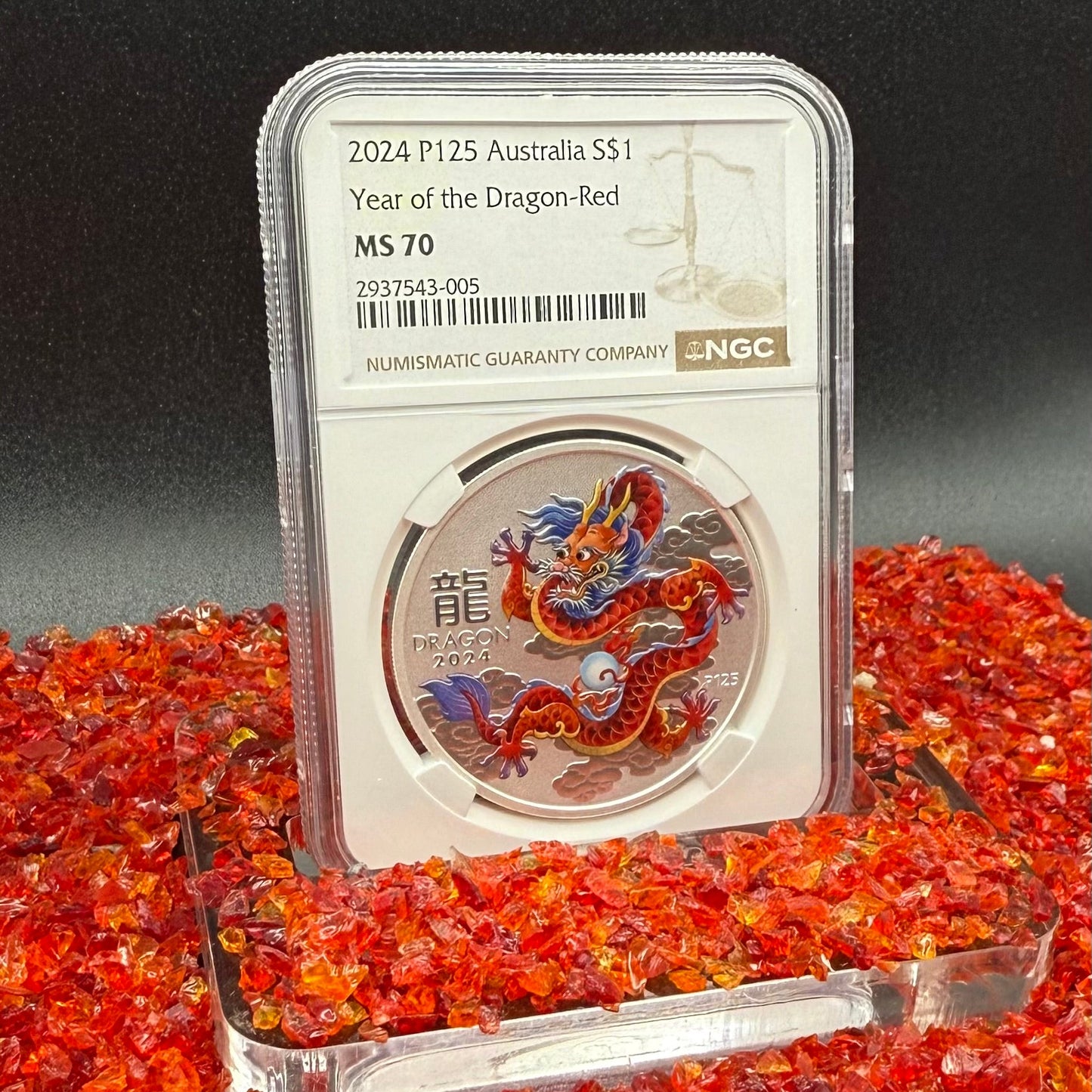 2024 P125 Silver $1 Australia Lunar Series III Year of the Dragon Red Colorized NGC MS70 Brown Label New Holder (Rare 1 of 90)