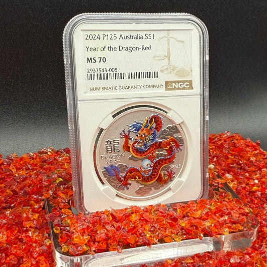 2024 P125 Silver $1 Australia Lunar Series III Year of the Dragon Red Colorized NGC MS70 Brown Label New Holder (Rare 1 of 90)