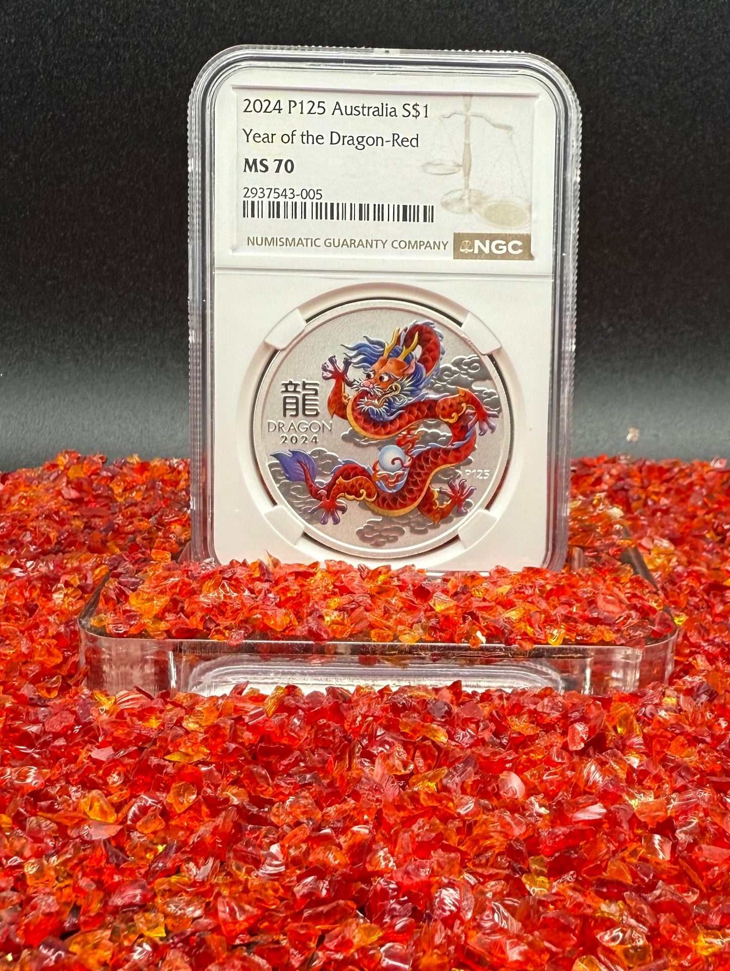 2024 P125 Silver $1 Australia Lunar Series III Year of the Dragon Red Colorized NGC MS70 Brown Label New Holder (Rare 1 of 90)