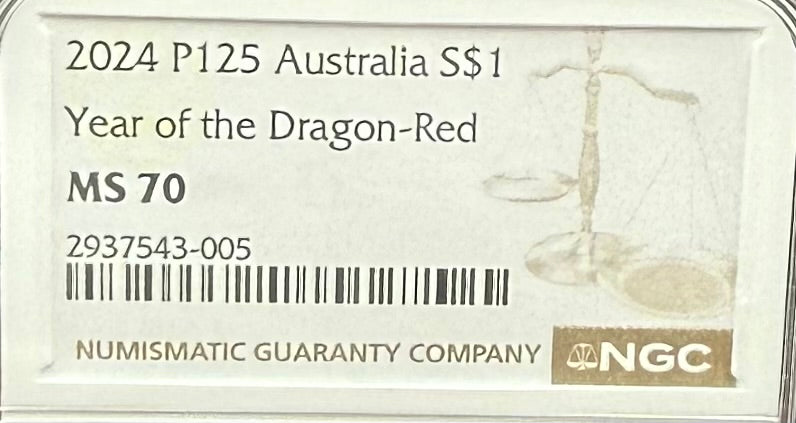 2024 P125 Silver $1 Australia Lunar Series III Year of the Dragon Red Colorized NGC MS70 Brown Label New Holder (Rare 1 of 90)