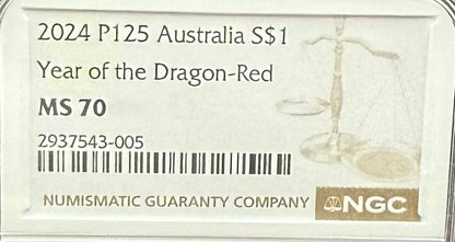 2024 P125 Silver $1 Australia Lunar Series III Year of the Dragon Red Colorized NGC MS70 Brown Label New Holder (Rare 1 of 90)
