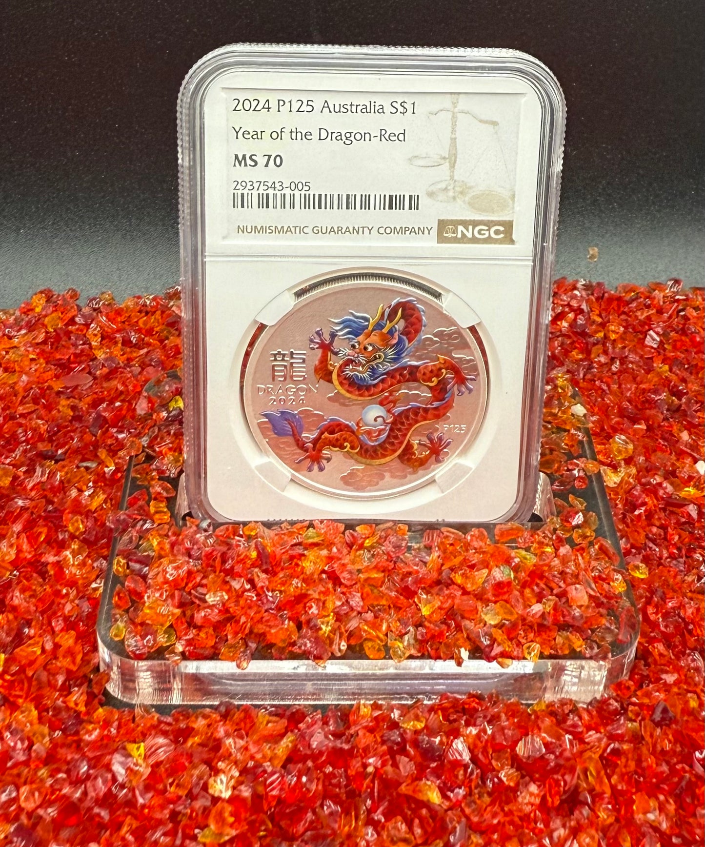 2024 P125 Silver $1 Australia Lunar Series III Year of the Dragon Red Colorized NGC MS70 Brown Label New Holder (Rare 1 of 90)