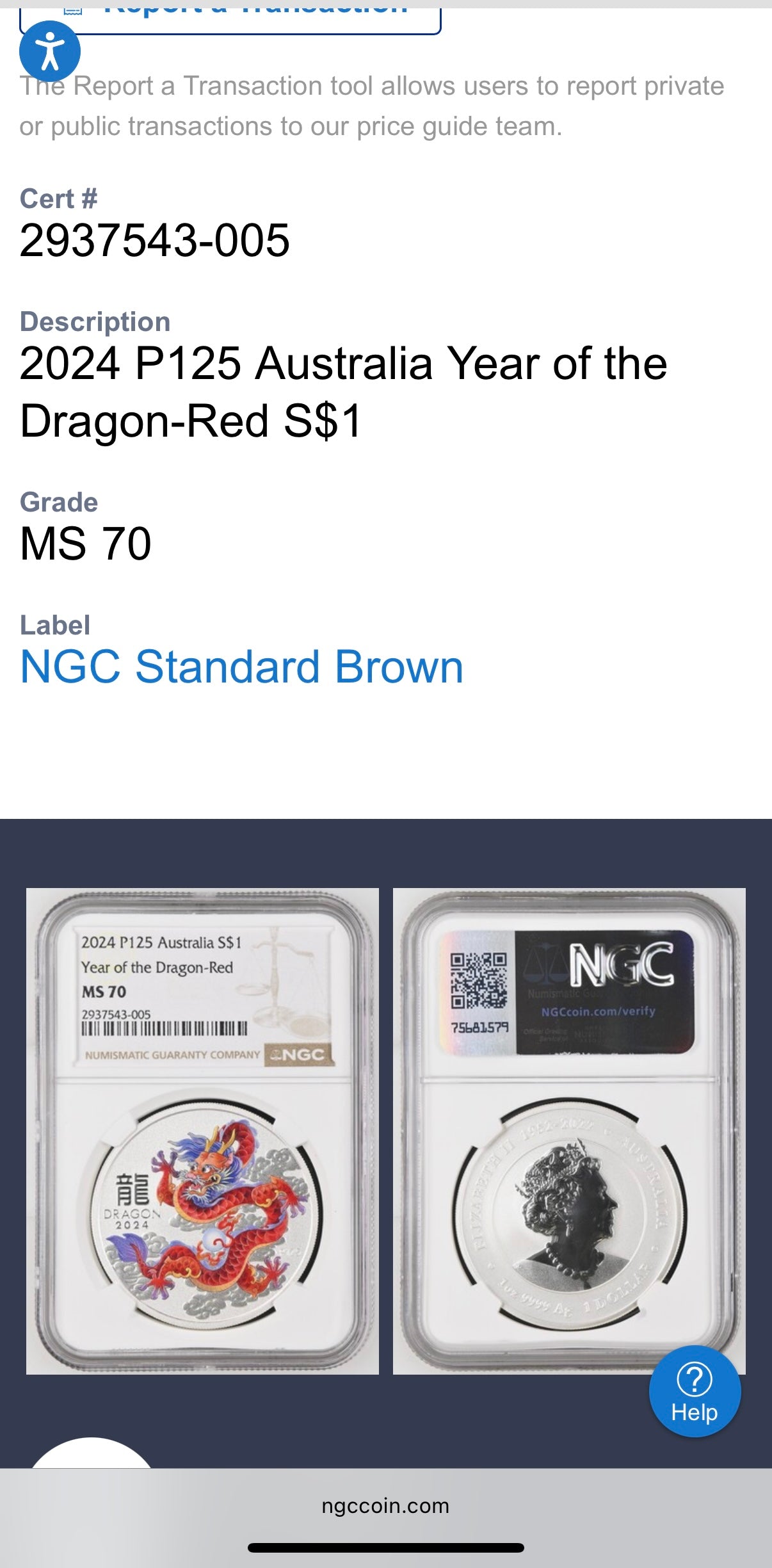 2024 P125 Silver $1 Australia Lunar Series III Year of the Dragon Red Colorized NGC MS70 Brown Label New Holder (Rare 1 of 90)