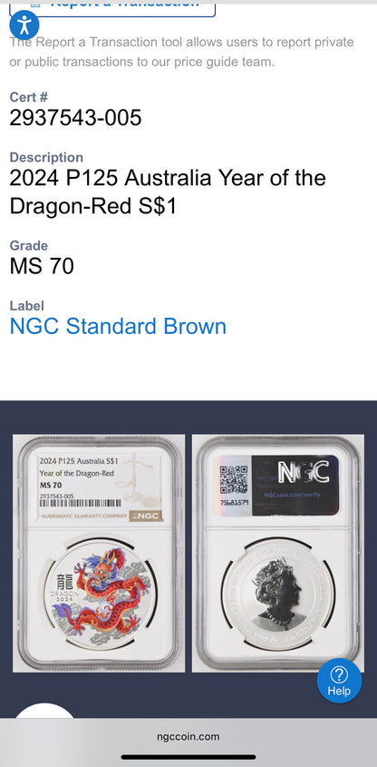 2024 P125 Silver $1 Australia Lunar Series III Year of the Dragon Red Colorized NGC MS70 Brown Label New Holder (Rare 1 of 90)