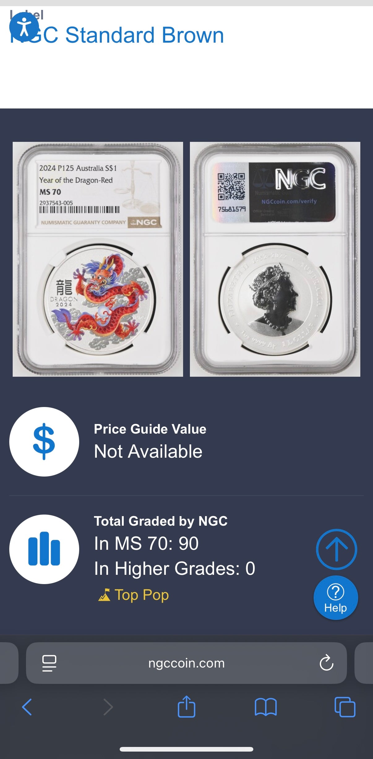 2024 P125 Silver $1 Australia Lunar Series III Year of the Dragon Red Colorized NGC MS70 Brown Label New Holder (Rare 1 of 90)