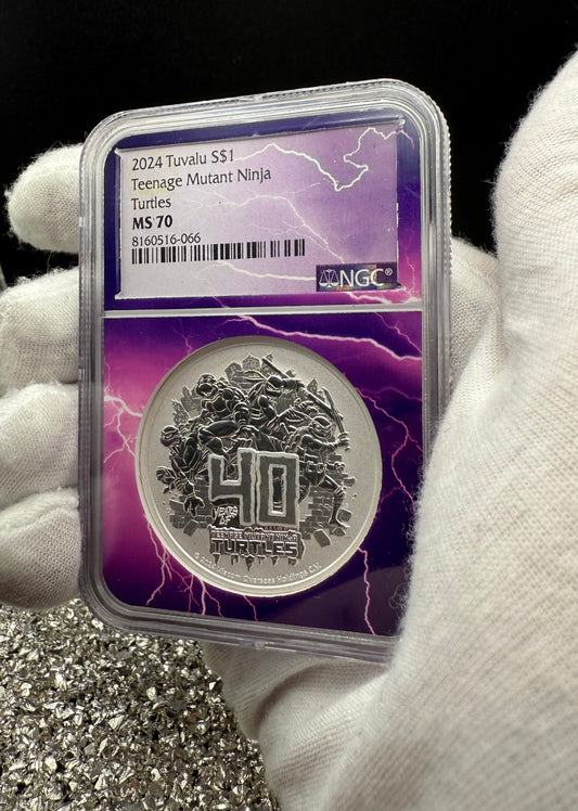 2024 Silver $1 Tuvalu Teenage Mutant Ninja Turtles 40th Anniversary NGC MS70 New Purple Lightening Holder (Rare 1 of 80)