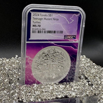 2024 Silver $1 Tuvalu Teenage Mutant Ninja Turtles 40th Anniversary NGC MS70 New Purple Lightening Holder (Rare 1 of 80)