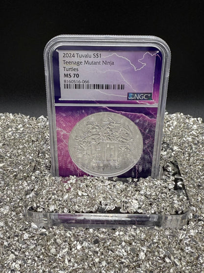 2024 Silver $1 Tuvalu Teenage Mutant Ninja Turtles 40th Anniversary NGC MS70 New Purple Lightening Holder (Rare 1 of 80)