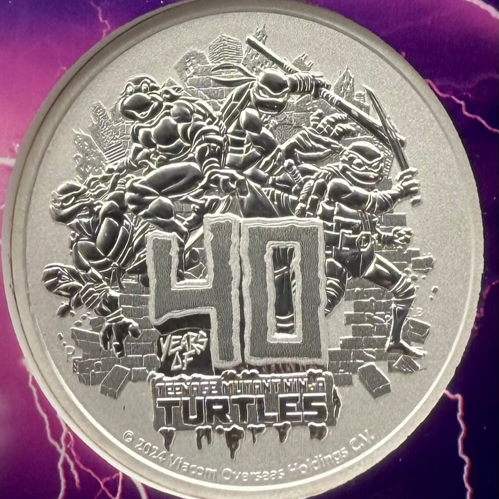 2024 Silver $1 Tuvalu Teenage Mutant Ninja Turtles 40th Anniversary NGC MS70 New Purple Lightening Holder (Rare 1 of 80)