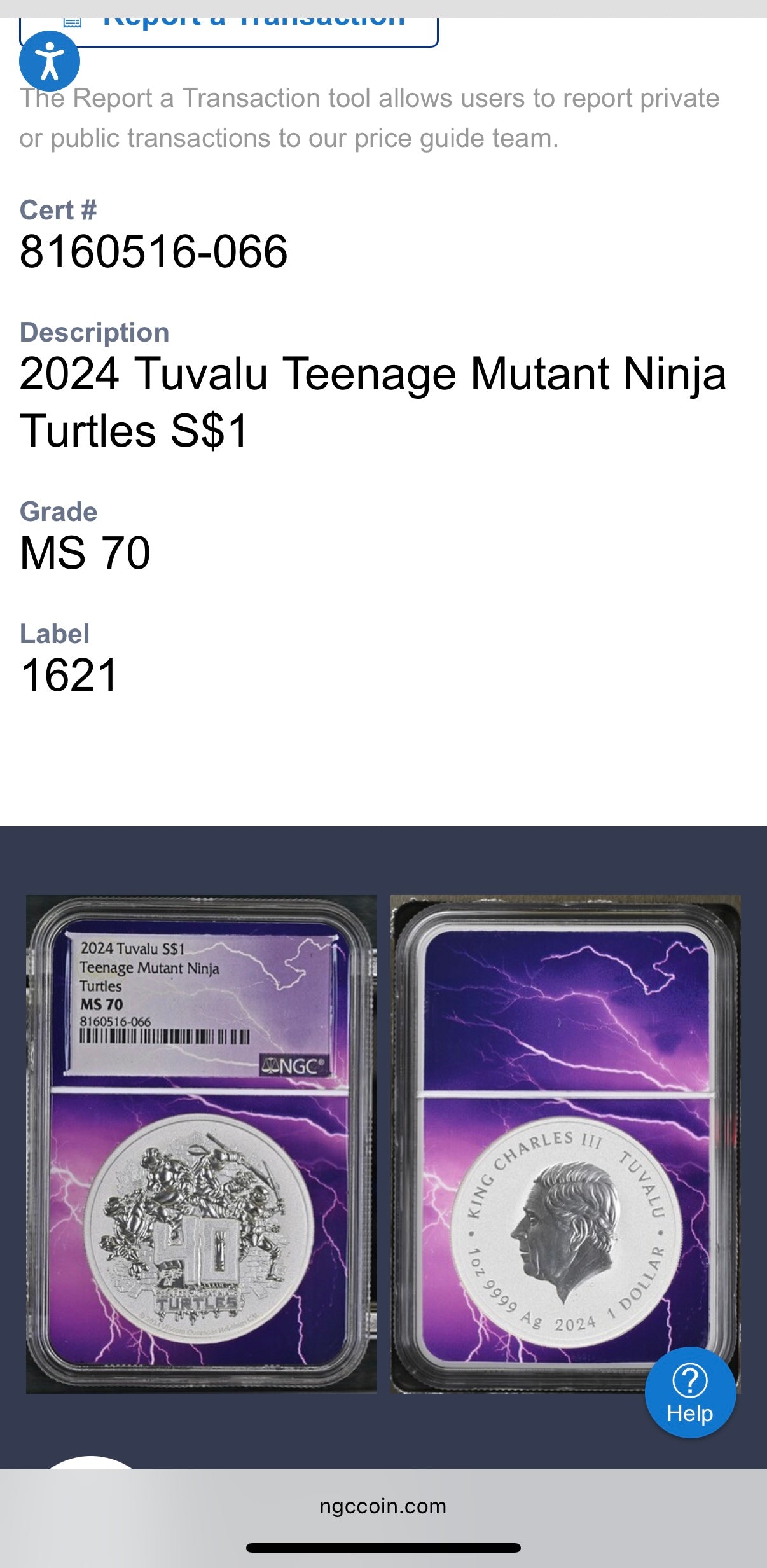 2024 Silver $1 Tuvalu Teenage Mutant Ninja Turtles 40th Anniversary NGC MS70 New Purple Lightening Holder (Rare 1 of 80)