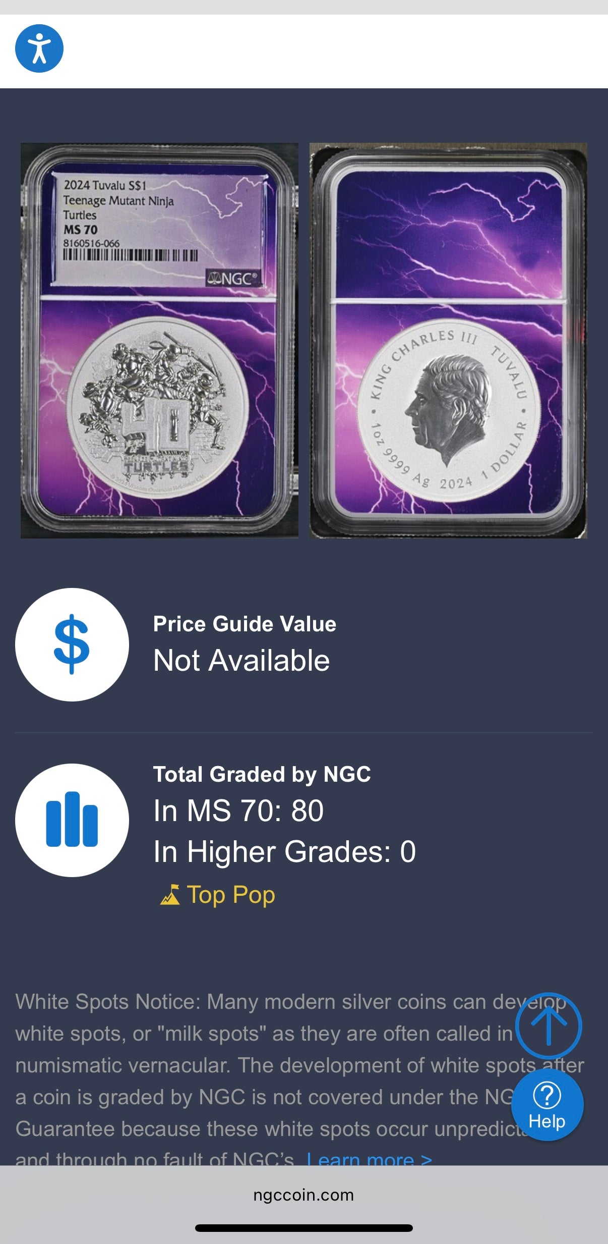 2024 Silver $1 Tuvalu Teenage Mutant Ninja Turtles 40th Anniversary NGC MS70 New Purple Lightening Holder (Rare 1 of 80)