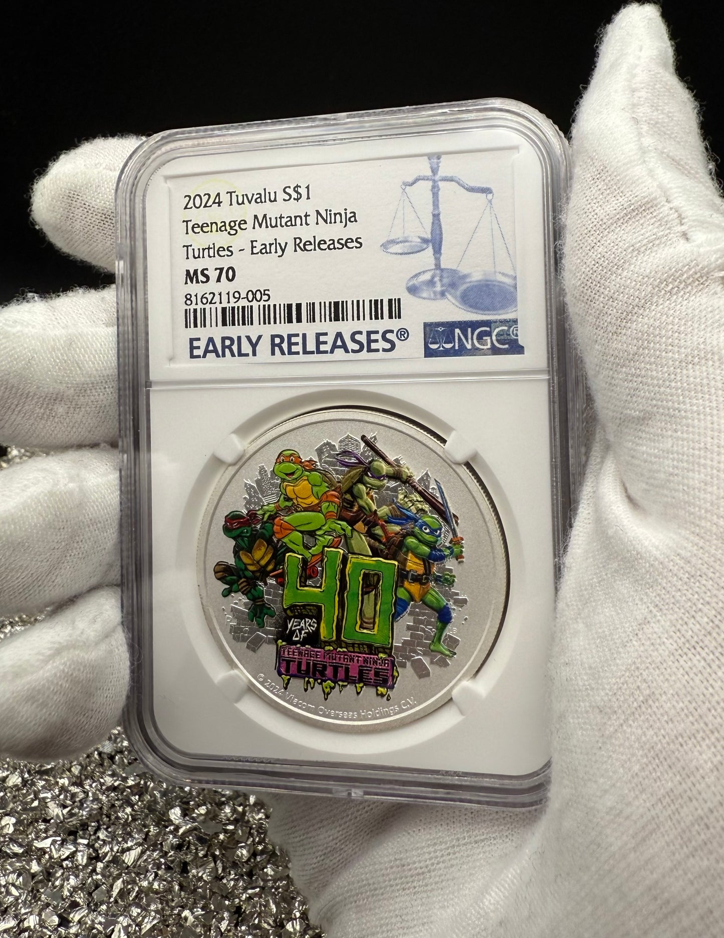 2024 Silver $1 Tuvalu Teenage Mutant Ninja Turtles Colorized 40th Anniversary NGC MS70 Early Releases Blue Label New Holder (Rare 1 of 35)
