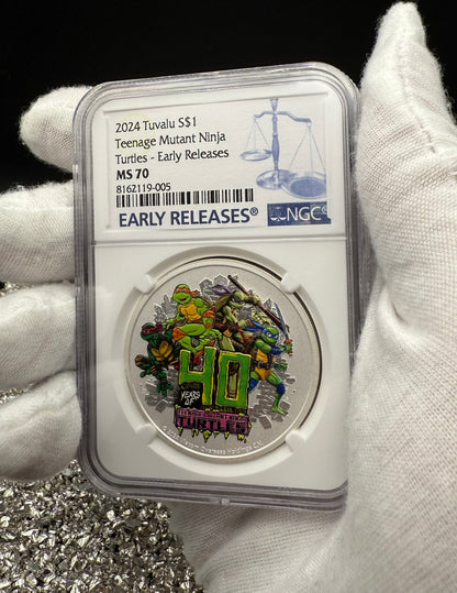 2024 Silver $1 Tuvalu Teenage Mutant Ninja Turtles Colorized 40th Anniversary NGC MS70 Early Releases Blue Label New Holder (Rare 1 of 35)