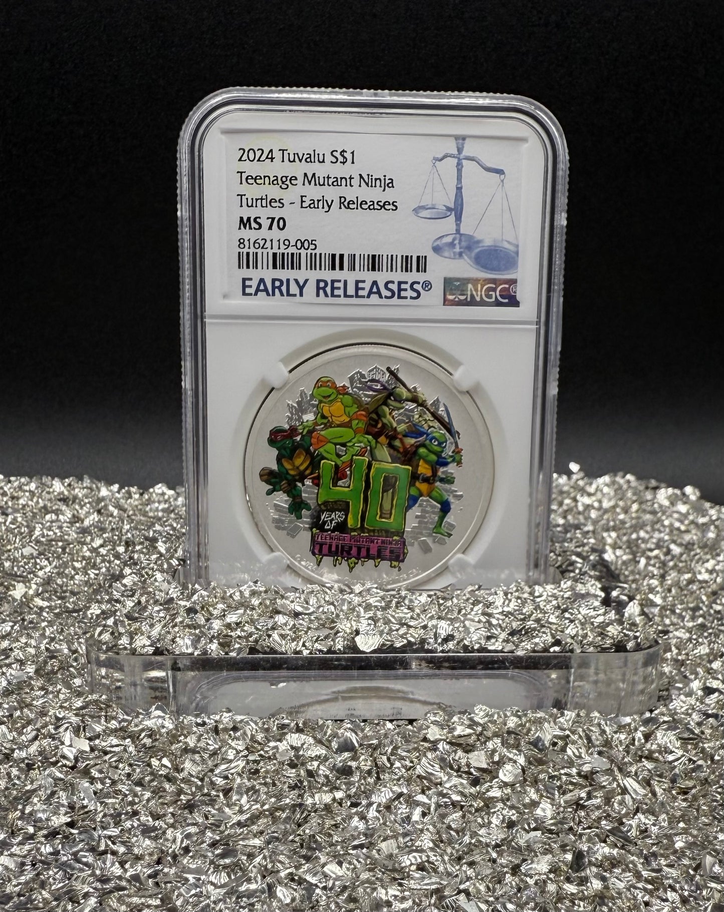 2024 Silver $1 Tuvalu Teenage Mutant Ninja Turtles Colorized 40th Anniversary NGC MS70 Early Releases Blue Label New Holder (Rare 1 of 35)