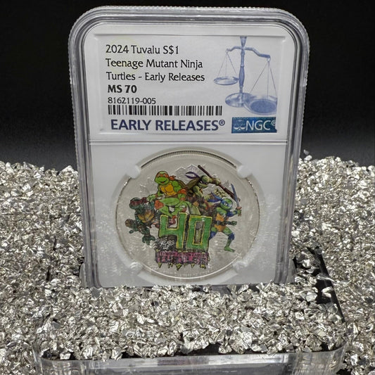 2024 Silver $1 Tuvalu Teenage Mutant Ninja Turtles Colorized 40th Anniversary NGC MS70 Early Releases Blue Label New Holder (Rare 1 of 35)