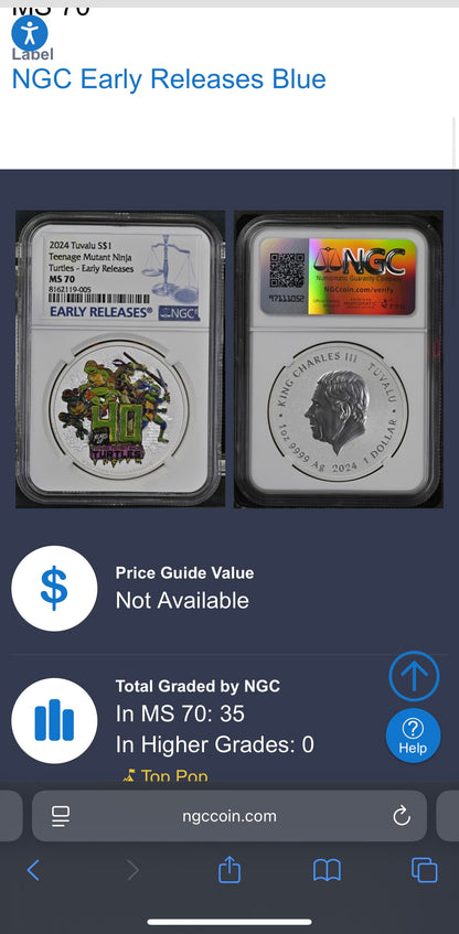 2024 Silver $1 Tuvalu Teenage Mutant Ninja Turtles Colorized 40th Anniversary NGC MS70 Early Releases Blue Label New Holder (Rare 1 of 35)