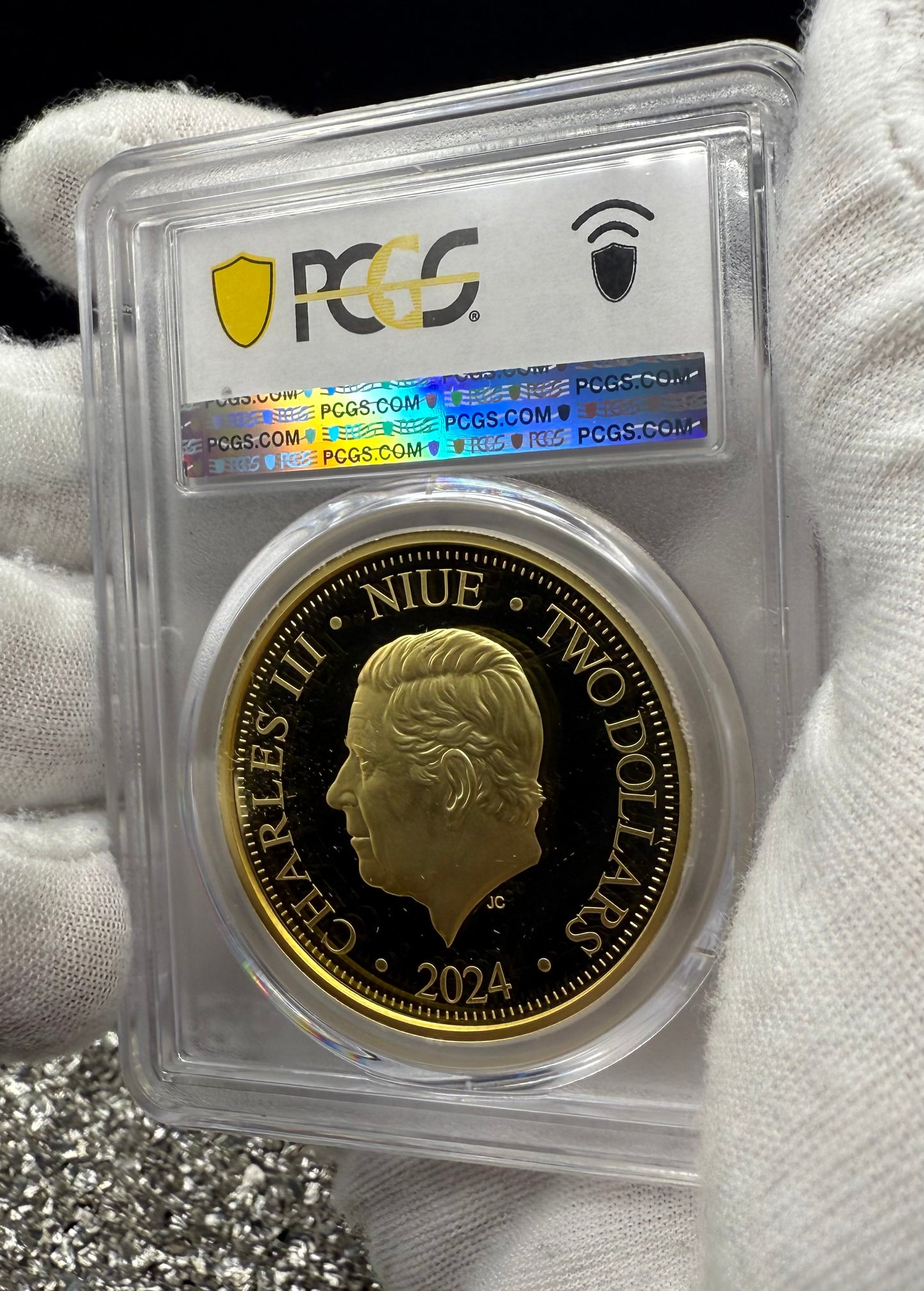 Proof 2024 Niue Silver $2 PCGS PR70DCAM NFC Tech Disney's Mufasa & Simba The Lion King Colorized Gilded Gold Blue Label (Rare 1 of 10)