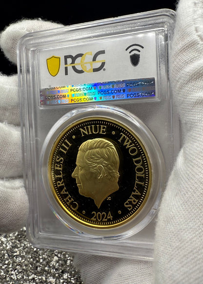 Proof 2024 Niue Silver $2 PCGS PR70DCAM NFC Tech Disney's Mufasa & Simba The Lion King Colorized Gilded Gold Blue Label (Rare 1 of 10)