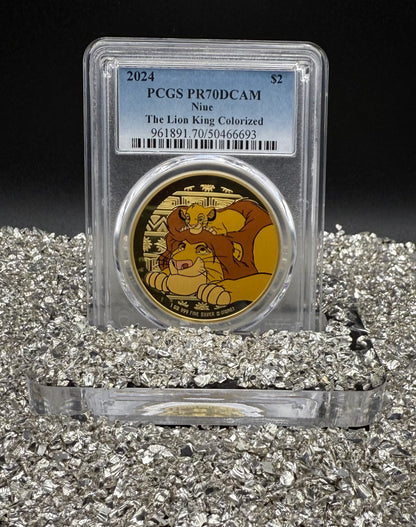 Proof 2024 Niue Silver $2 PCGS PR70DCAM NFC Tech Disney's Mufasa & Simba The Lion King Colorized Gilded Gold Blue Label (Rare 1 of 10)