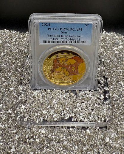 Proof 2024 Niue Silver $2 PCGS PR70DCAM NFC Tech Disney's Mufasa & Simba The Lion King Colorized Gilded Gold Blue Label (Rare 1 of 10)