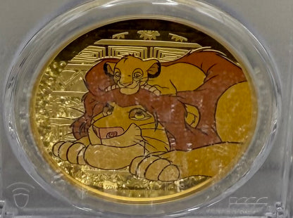 Proof 2024 Niue Silver $2 PCGS PR70DCAM NFC Tech Disney's Mufasa & Simba The Lion King Colorized Gilded Gold Blue Label (Rare 1 of 10)
