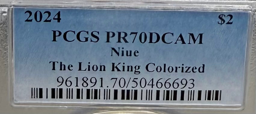 Proof 2024 Niue Silver $2 PCGS PR70DCAM NFC Tech Disney's Mufasa & Simba The Lion King Colorized Gilded Gold Blue Label (Rare 1 of 10)