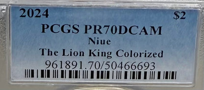Proof 2024 Niue Silver $2 PCGS PR70DCAM NFC Tech Disney's Mufasa & Simba The Lion King Colorized Gilded Gold Blue Label (Rare 1 of 10)