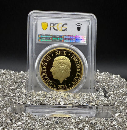 Proof 2024 Niue Silver $2 PCGS PR70DCAM NFC Tech Disney's Mufasa & Simba The Lion King Colorized Gilded Gold Blue Label (Rare 1 of 10)