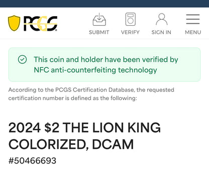 Proof 2024 Niue Silver $2 PCGS PR70DCAM NFC Tech Disney's Mufasa & Simba The Lion King Colorized Gilded Gold Blue Label (Rare 1 of 10)