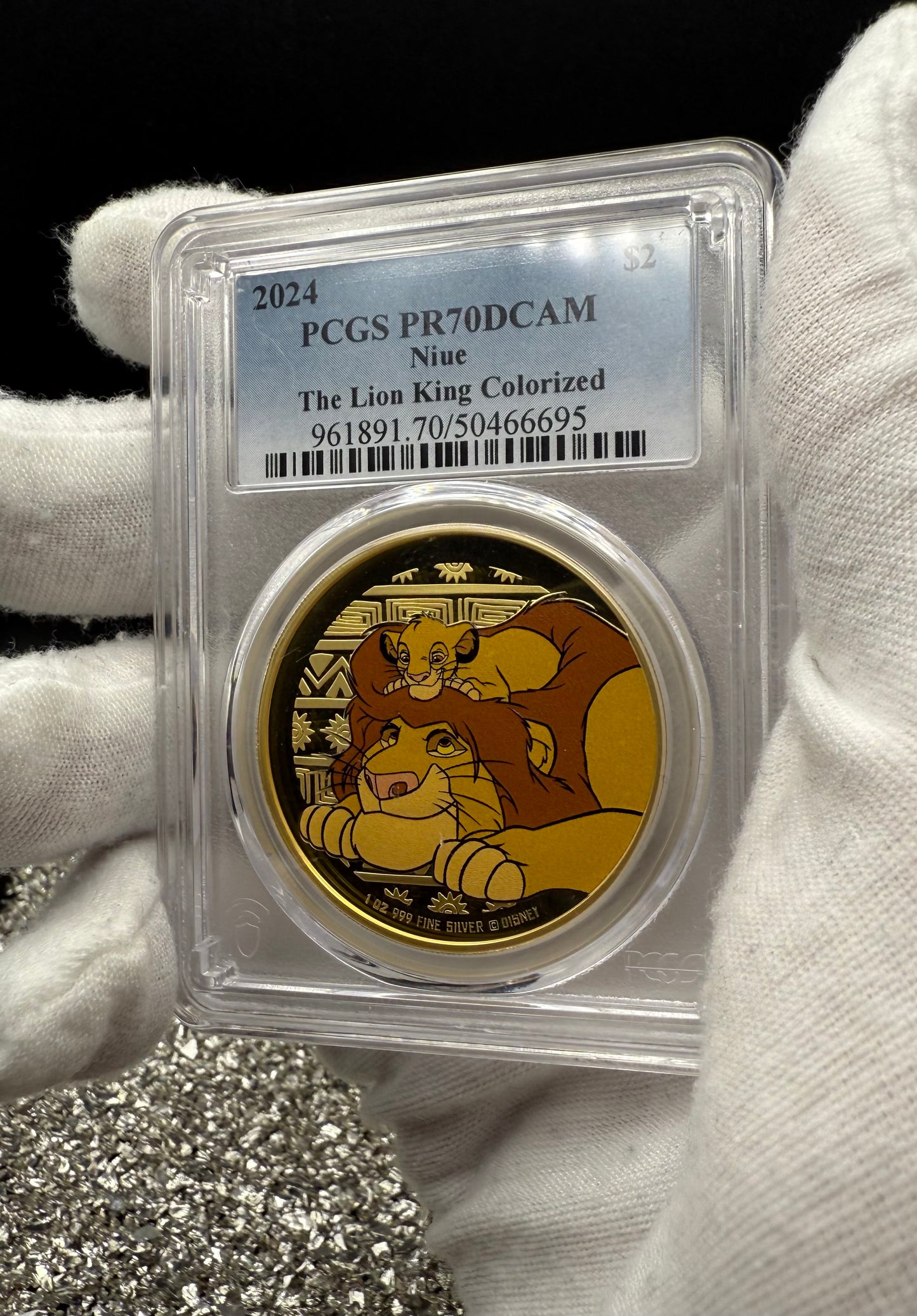 Proof 2024 Niue Silver $2 PCGS PR70DCAM NFC Tech Disney's Mufasa & Simba The Lion King Colorized Gilded Gold Blue Label (Rare 1 of 10)