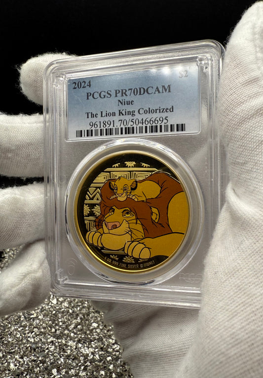 Proof 2024 Niue Silver $2 PCGS PR70DCAM NFC Tech Disney's Mufasa & Simba The Lion King Colorized Gilded Gold Blue Label (Rare 1 of 10)