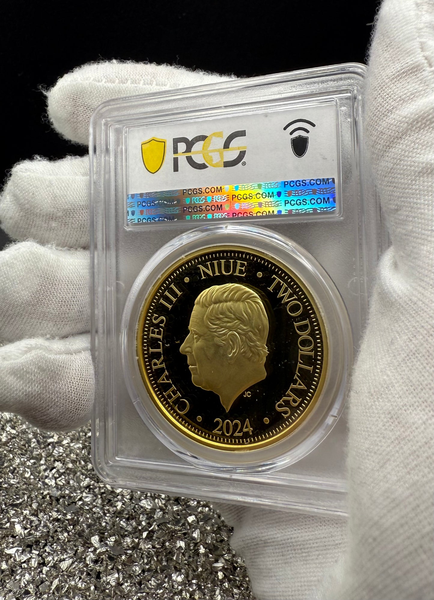 Proof 2024 Niue Silver $2 PCGS PR70DCAM NFC Tech Disney's Mufasa & Simba The Lion King Colorized Gilded Gold Blue Label (Rare 1 of 10)