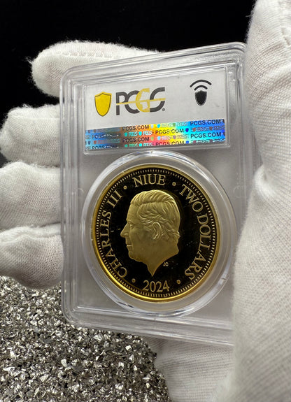 Proof 2024 Niue Silver $2 PCGS PR70DCAM NFC Tech Disney's Mufasa & Simba The Lion King Colorized Gilded Gold Blue Label (Rare 1 of 10)