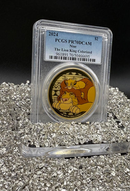 Proof 2024 Niue Silver $2 PCGS PR70DCAM NFC Tech Disney's Mufasa & Simba The Lion King Colorized Gilded Gold Blue Label (Rare 1 of 10)