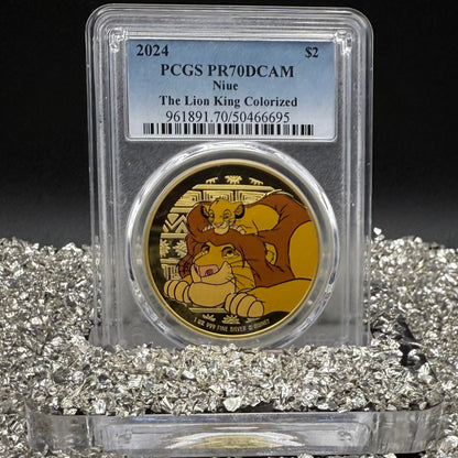 Proof 2024 Niue Silver $2 PCGS PR70DCAM NFC Tech Disney's Mufasa & Simba The Lion King Colorized Gilded Gold Blue Label (Rare 1 of 10)