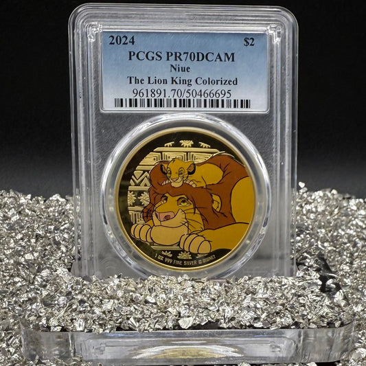 Proof 2024 Niue Silver $2 PCGS PR70DCAM NFC Tech Disney's Mufasa & Simba The Lion King Colorized Gilded Gold Blue Label (Rare 1 of 10)