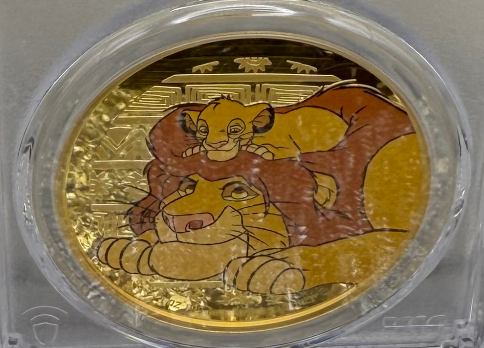 Proof 2024 Niue Silver $2 PCGS PR70DCAM NFC Tech Disney's Mufasa & Simba The Lion King Colorized Gilded Gold Blue Label (Rare 1 of 10)