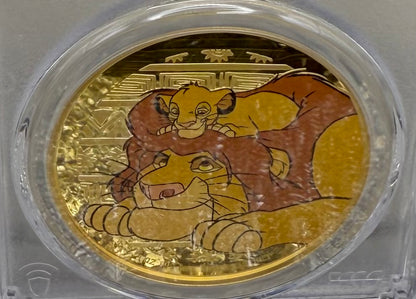 Proof 2024 Niue Silver $2 PCGS PR70DCAM NFC Tech Disney's Mufasa & Simba The Lion King Colorized Gilded Gold Blue Label (Rare 1 of 10)