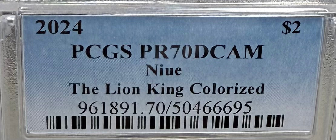 Proof 2024 Niue Silver $2 PCGS PR70DCAM NFC Tech Disney's Mufasa & Simba The Lion King Colorized Gilded Gold Blue Label (Rare 1 of 10)
